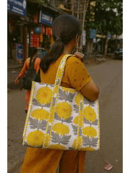 House of Gulab - Black Handblock Printed Quilted Tote Bag