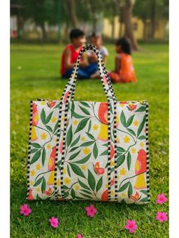 House of Gulab - Yellow Handblock Printed Quilted Tote Bag