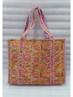 House of Gulab - Pink Ikat Printed Quilted Tote Bag