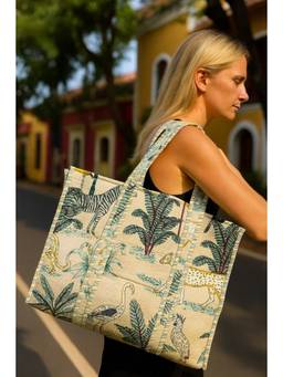 House of Gulab - Cream Block Printed Quilted Tote Bag