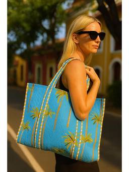 House of Gulab - Teal Block Printed Quilted Tote Bag