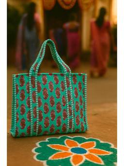 House of Gulab - Turquoise Handblock Printed Quilted Tote Bag
