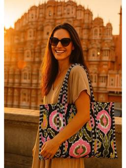 House of Gulab - Black Ikat Printed Quilted Tote Bag