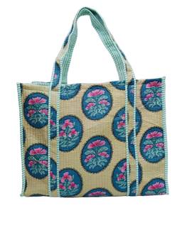 House of Gulab - Green Handblock Printed Quilted Tote Bag