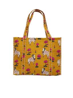 House of Gulab - Mustard Handblock Printed Quilted Tote Bag