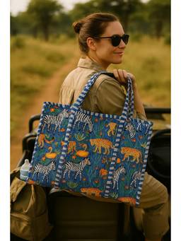 House of Gulab - Teal Handblock Printed Quilted Tote Bag