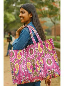 House of Gulab - Beige Handblock Printed Quilted Tote Bag