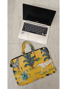 House of Gulab - Yellow Animal Printed Laptop Bag with Handle