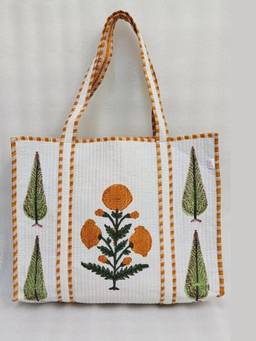 House of Gulab - White Classic Floral Printed Quilted Tote Bag