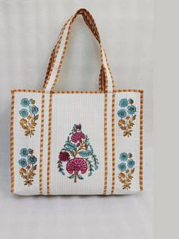 House of Gulab - White Classic Floral Printed Quilted Tote Bag