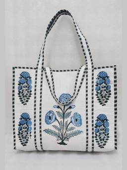House of Gulab - White Classic Block Printed Quilted Tote Bag