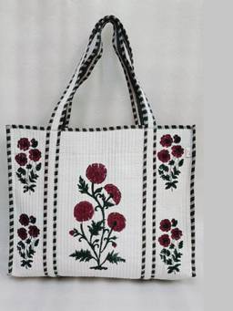 House of Gulab - White Classic Floral Printed Quilted Tote Bag