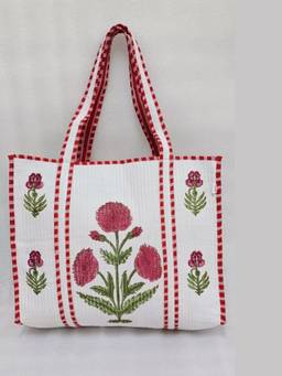 House of Gulab - White Classic Floral Printed Quilted Tote Bag