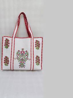 House of Gulab - White Classic Floral Printed Quilted Tote Bag