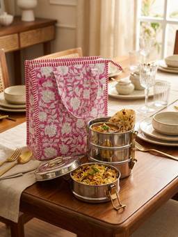 House of Gulab - Pink Handblock Printed Insulated Lunch Bag