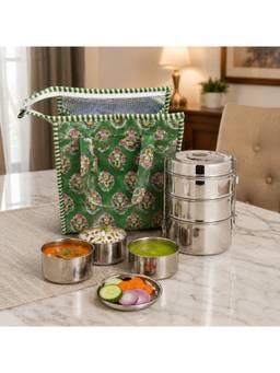 House of Gulab - Green Handblock Printed Insulated Lunch Bag