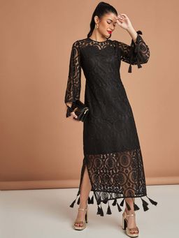 Styli - Black Long Sleeves Lace Insert A-line Maxi Dress With Tassel Detail