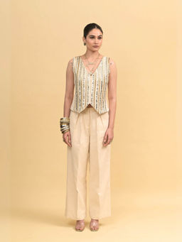RISHI & VIBHUTI - Beige Milky Way Waistcoat with Pant (Set of 2)