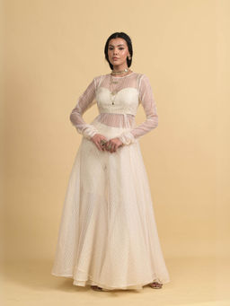 RISHI & VIBHUTI - Ivory Pearl Groove Blouse with Anarkali and Flared Pant (Set of 3)