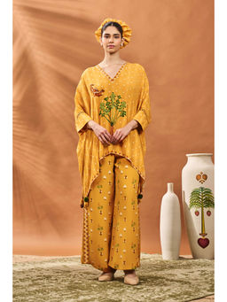 Masaba - Mustard Ochre Spade Blossom Kaftan Top with Palazzo (Set of 2)