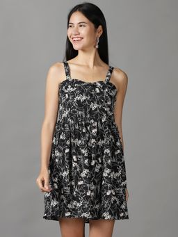 SHOWOFF - Womens Shoulder Straps Above Knee Black Floral Dress