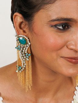 BeAbhika - Kundan Peacock Inspired Earrings with Gold Chains and Turquoise Stones