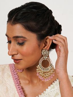 BeAbhika - Rose Pink Crystal Kundan Chand Bali Earrings with Pearls