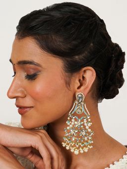 BeAbhika - Pastel Kundan Earrings with Floral Design and Pearl Fringe