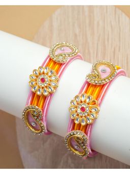 VIRAASI - Light Pink Yellow Kundan Embellished Bangles