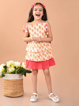 Lilpicks - Ethnic Motif Printed Sleeveless Layered Knee Length Dress-Off White