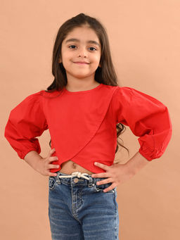 Lilpicks - Solid Stylish Full Sleeves Crop Top-Red