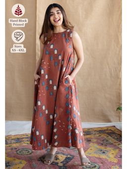 The Indian Ethnic Co. - Brick Brown A-Line Ajrakh Printed Dress with Round Neck & Sleeveless
