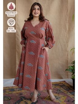 The Indian Ethnic Co. - Brick Brown A-Line Ajrakh Printed Dress with V Neck & Full Sleeves