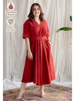 The Indian Ethnic Co. - Red A-Line Ajrakh Printed Dress with V Neck & Hand Embroidered