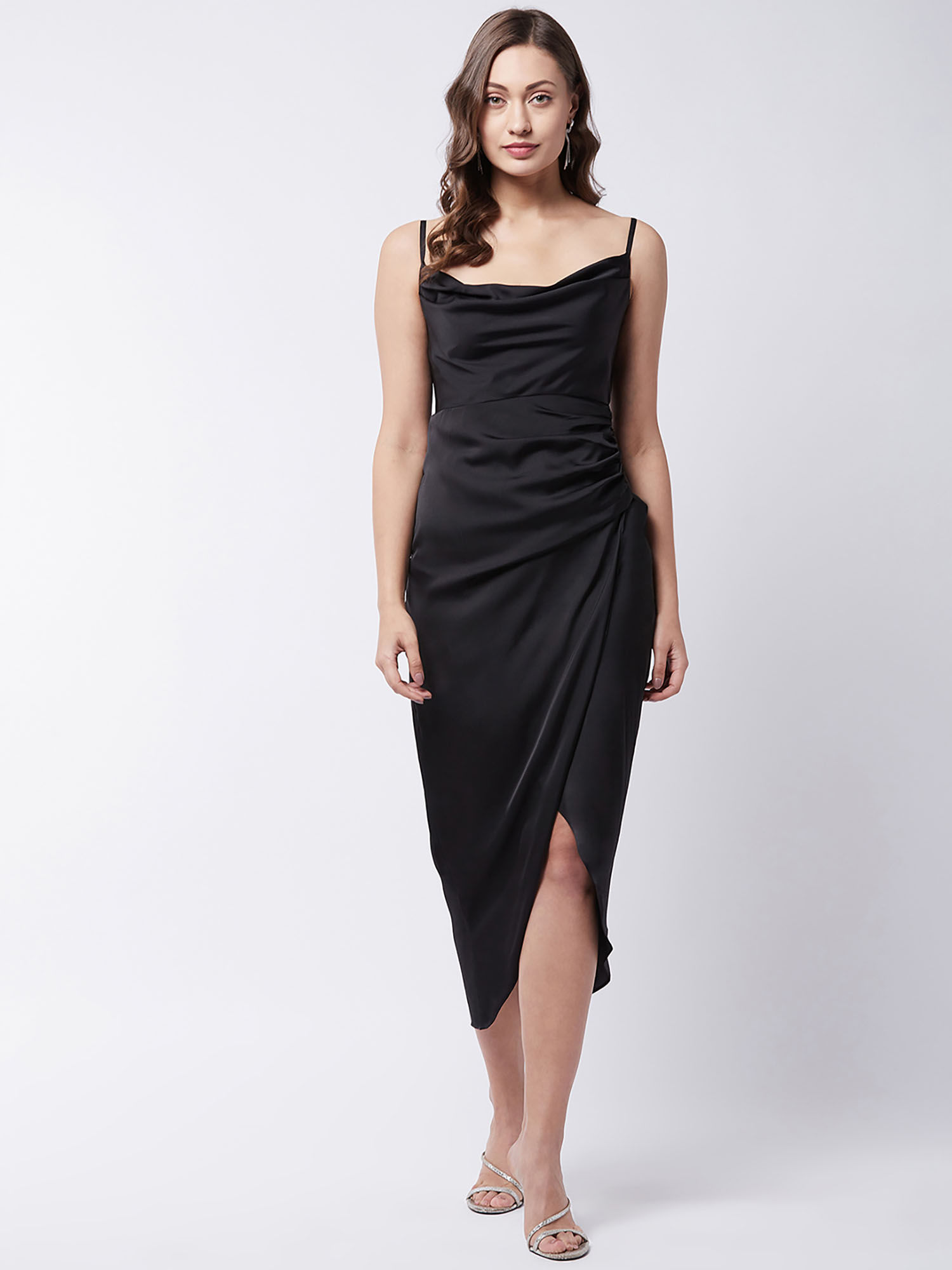 black satin sheath dress