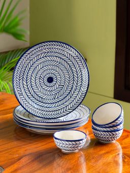 ExclusiveLane - Indigo Chevron' Dinner Plates With Katoris (8 Pieces, Serving for 4, Microwave Safe)