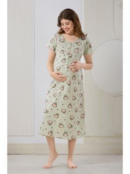 PIU - Women's Green Knitted Cotton Maternity Nighty