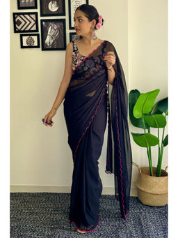 Mysilklove - Sable Black Solid Georgette Saree with Unstitched Blouse