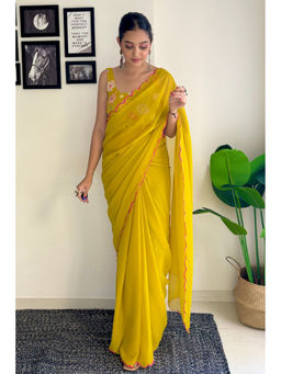 Mysilklove - Moccasin Yellow Georgette Saree with Unstitched Blouse