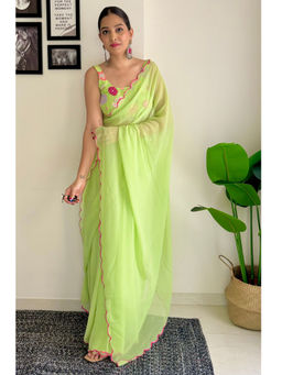 Mysilklove - Pear Green Georgette Saree with Unstitched Blouse