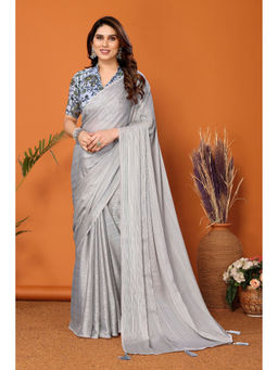Mysilklove - Grey Solid Plain Saree with Unstitched Blouse