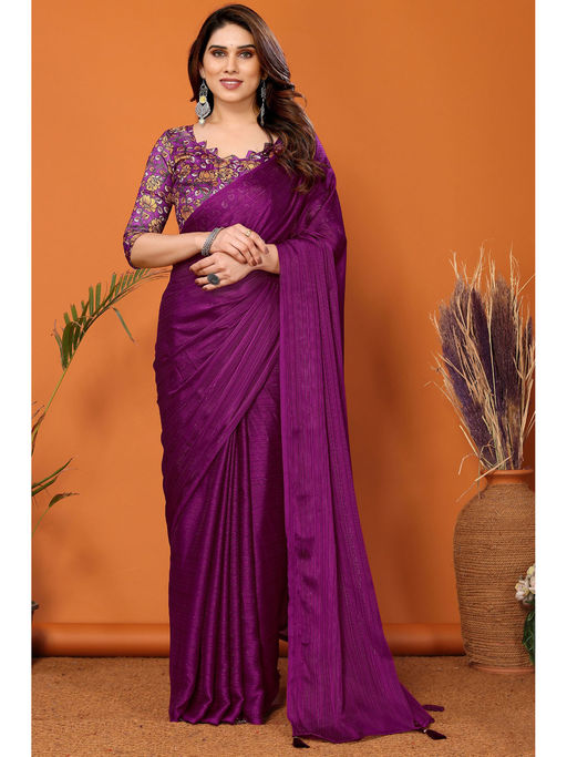 Style New Simple Saree Purple Chiffon Plain Saree With Designer