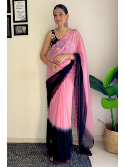 Mysilklove - Baby Pink and Navy Blue Ombre Georgette Saree with Unstitched Blouse