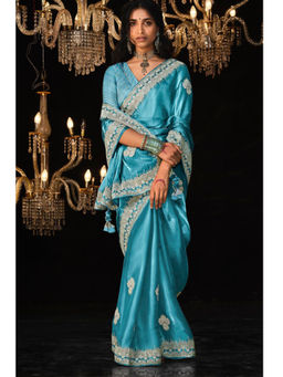 Mysilklove - Old Turquoise Tissue Embroidered Designer Saree with Unstitched Blouse