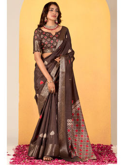 Mysilklove - Caramel Brown Woven Dola Silk Saree with Unstitched Blouse