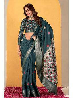 Mysilklove - Forest Green Woven Dola Silk Saree with Unstitched Blouse