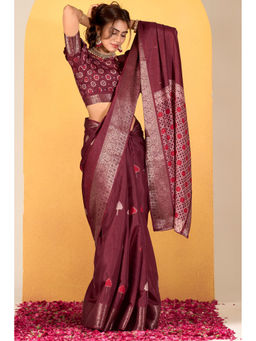 Mysilklove - Glossy Maroon Woven Dola Silk Saree with Unstitched Blouse