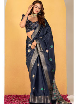 Mysilklove - Spruce Navy Blue Woven Dola Silk Saree with Unstitched Blouse
