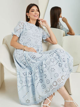 Styli - Womens Blue Schiffli Puff Sleeve A-Line Midi Dress