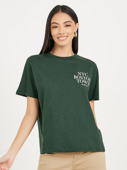 Styli - Womens Green Printed Drop Shoulder T-Shirt With Short Sleeves Cotton